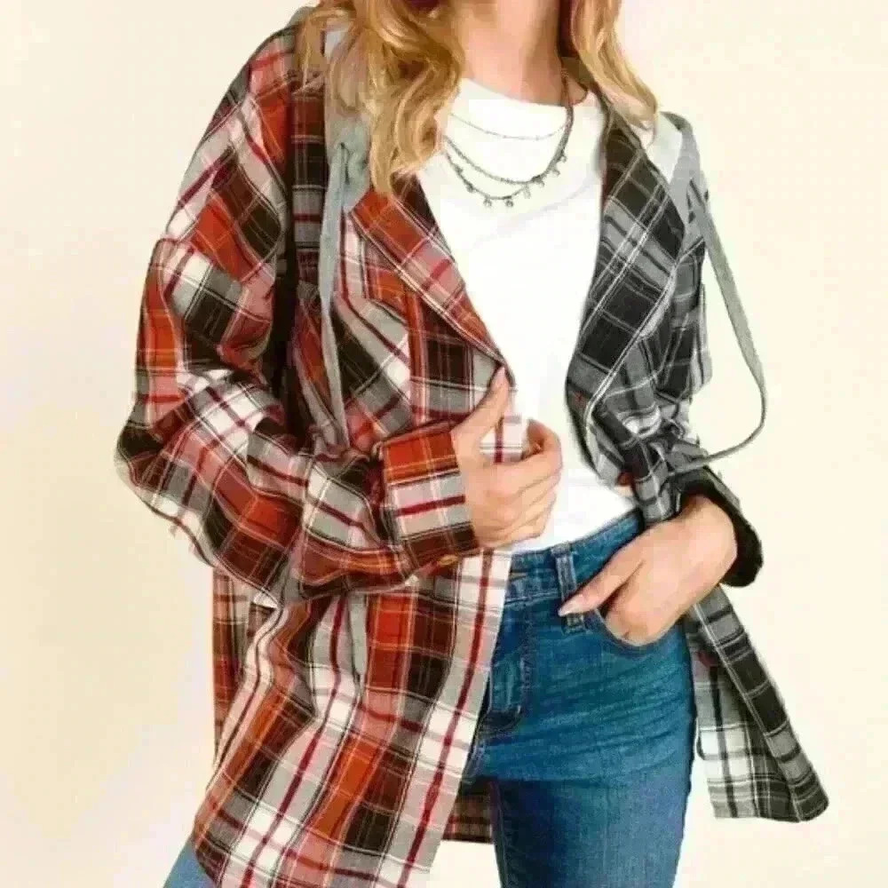 Rust and Charcoal Grey Plaid Button Down Hoodie Top